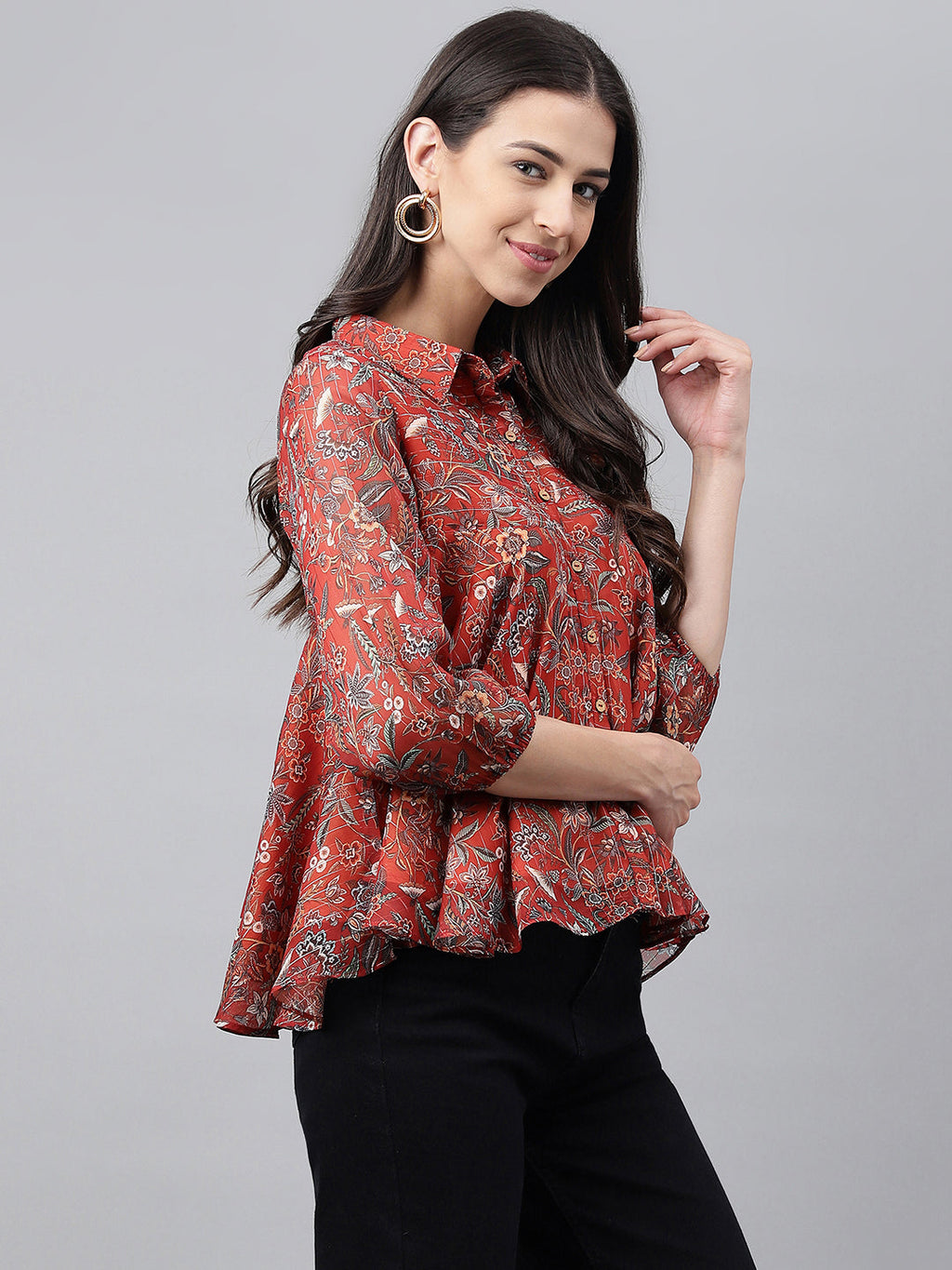 Janasya Women's Rust Chiffon Lurex Digital Printed Casual Flared Top