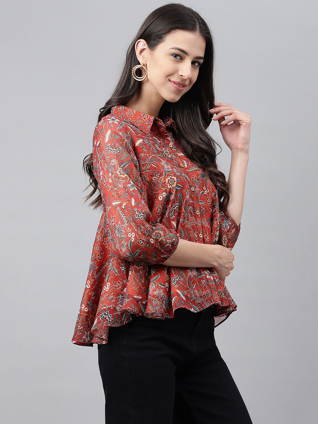 Janasya Women's Rust Chiffon Lurex Digital Printed Casual Flared Top