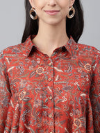 Janasya Women's Rust Chiffon Lurex Digital Printed Casual Flared Top