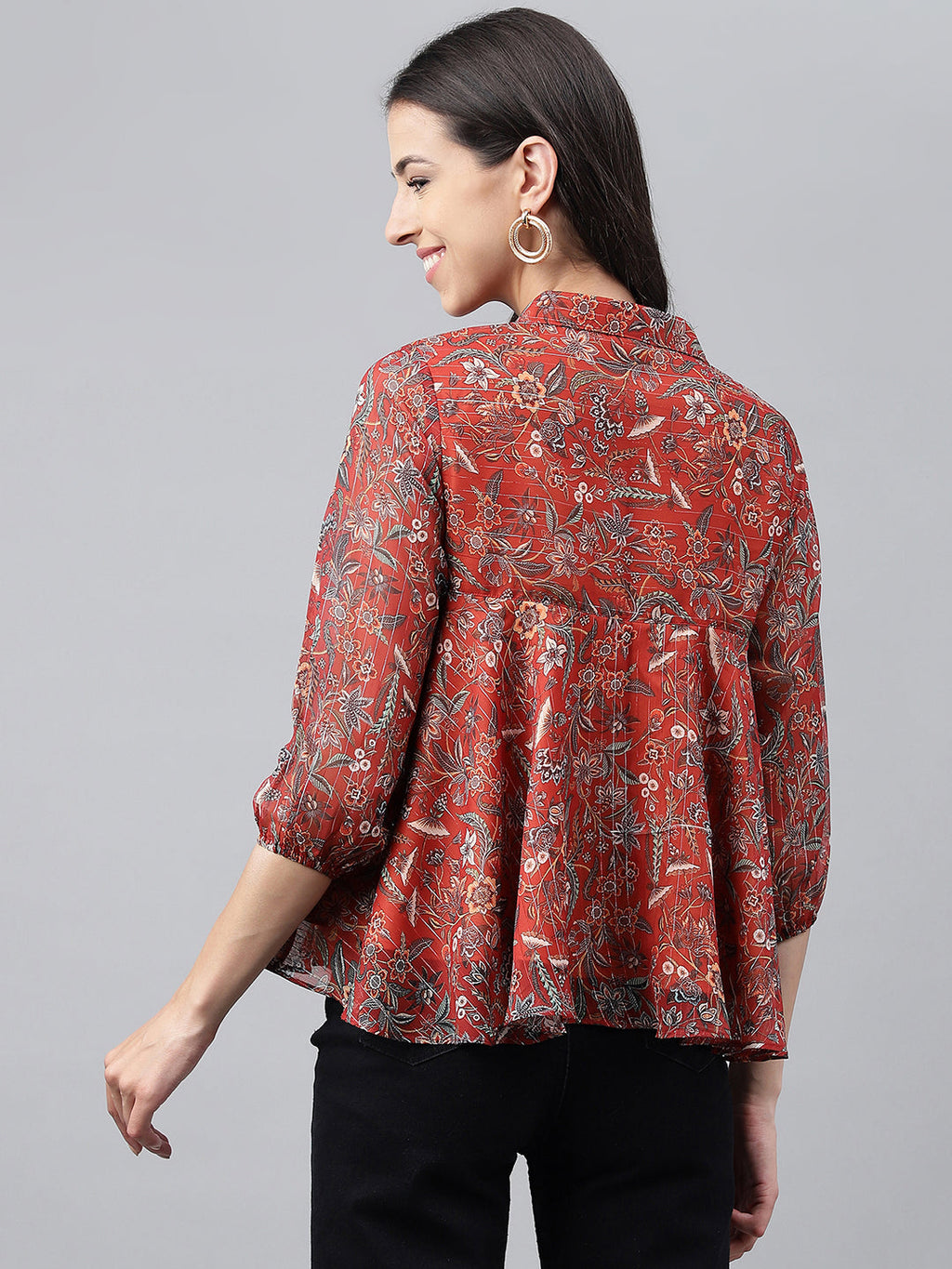 Janasya Women's Rust Chiffon Lurex Digital Printed Casual Flared Top