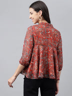 Janasya Women's Rust Chiffon Lurex Digital Printed Casual Flared Top
