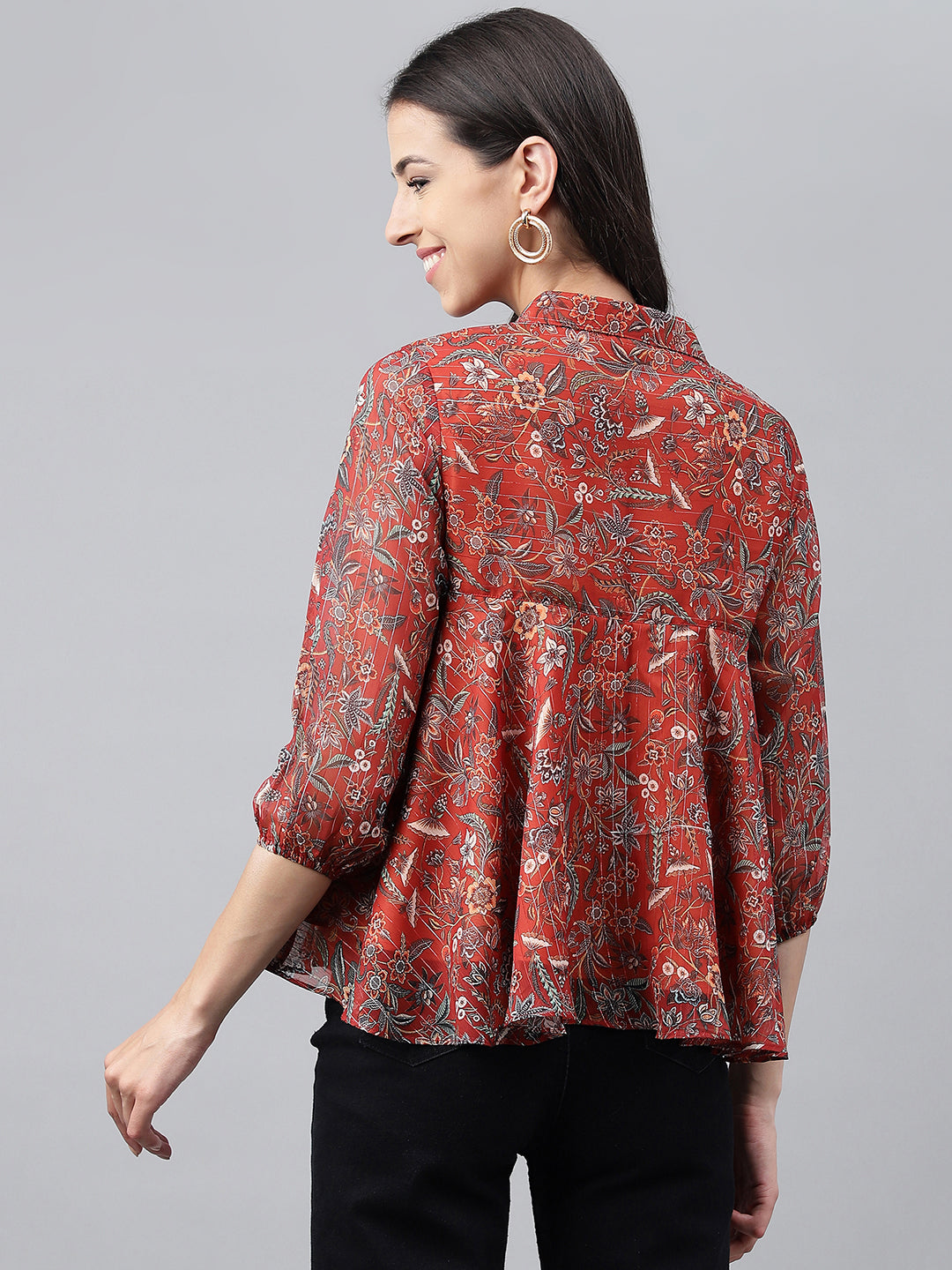 Janasya Women's Rust Chiffon Lurex Digital Printed Casual Flared Top