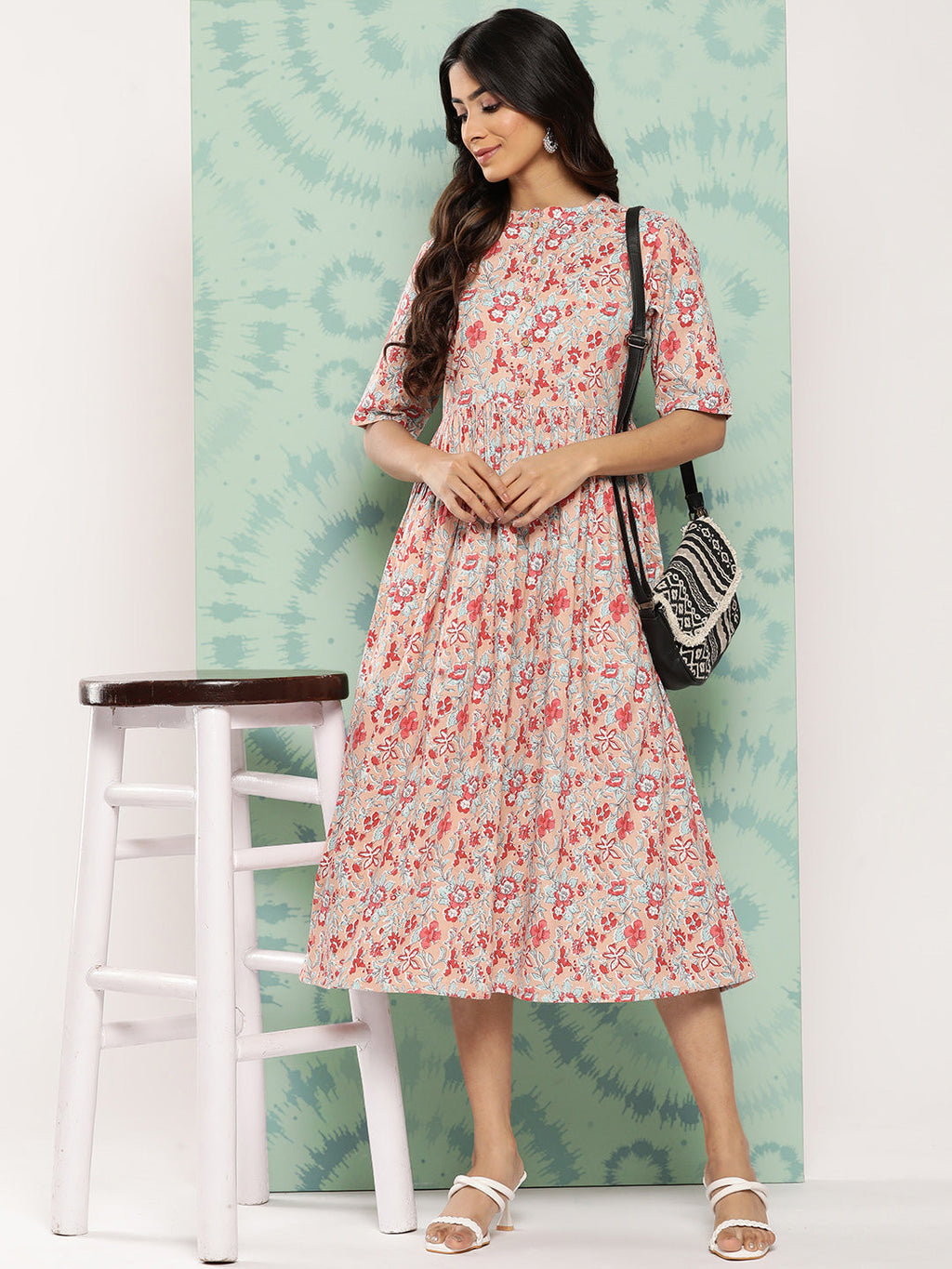 Janasya Women's Peach Cotton Floral Printed Gathered Casual Dress - Distacart