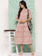 Janasya Women's Peach Cotton Floral Printed Gathered Casual Dress - Distacart