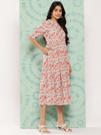 Janasya Women's Peach Cotton Floral Printed Gathered Casual Dress - Distacart