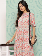 Janasya Women's Peach Cotton Floral Printed Gathered Casual Dress - Distacart