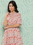 Janasya Women's Peach Cotton Floral Printed Gathered Casual Dress - Distacart