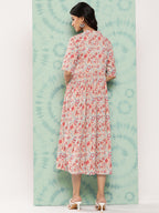Janasya Women's Peach Cotton Floral Printed Gathered Casual Dress - Distacart