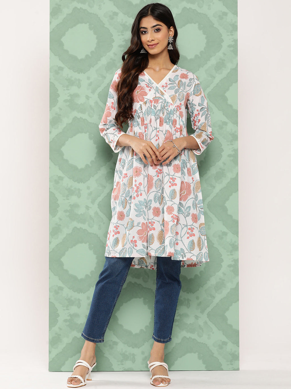 Janasya Women's White Cotton Botanical Print Casual Gathered Tunic