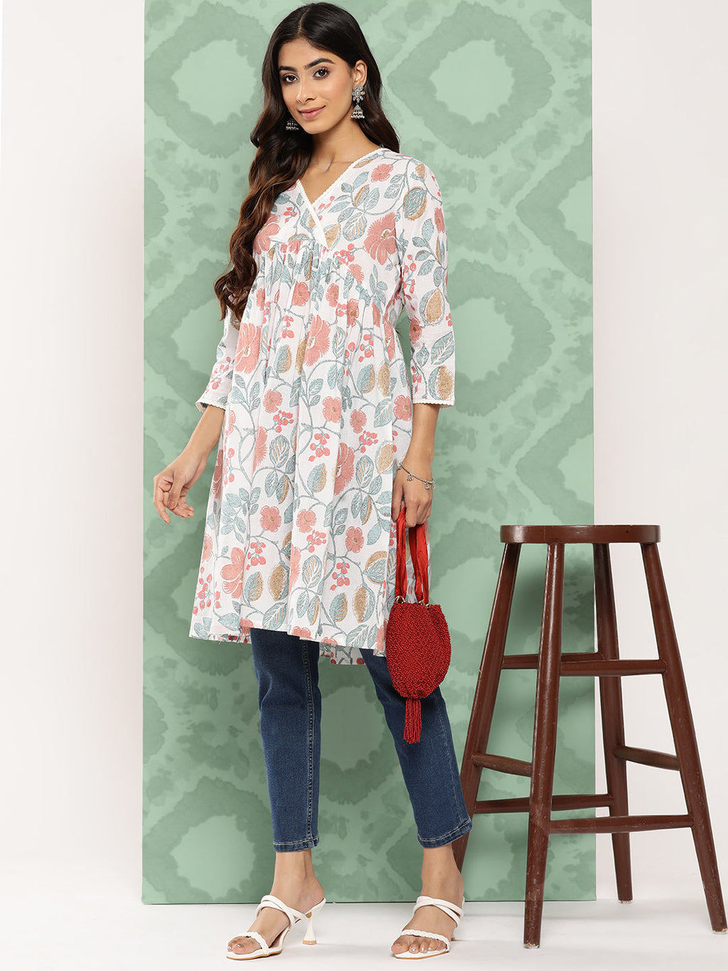 Janasya Women's White Cotton Botanical Print Casual Gathered Tunic