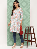 Janasya Women's White Cotton Botanical Print Casual Gathered Tunic