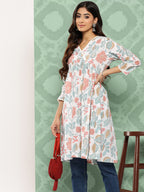 Janasya Women's White Cotton Botanical Print Casual Gathered Tunic