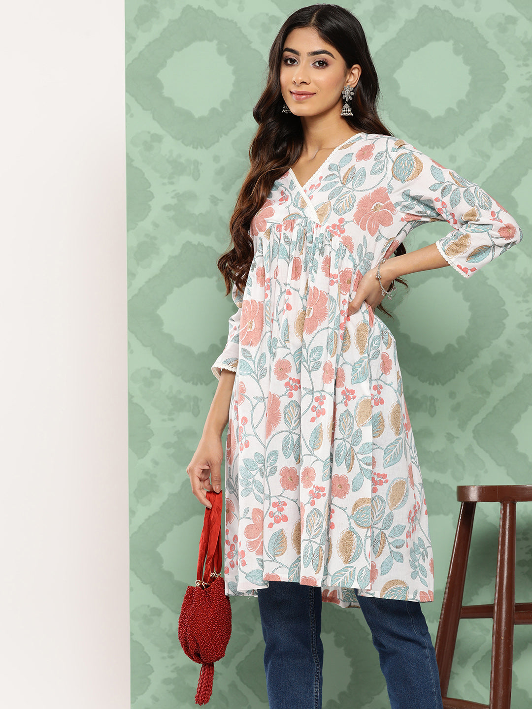 Janasya Women's White Cotton Botanical Print Casual Gathered Tunic