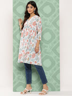 Janasya Women's White Cotton Botanical Print Casual Gathered Tunic