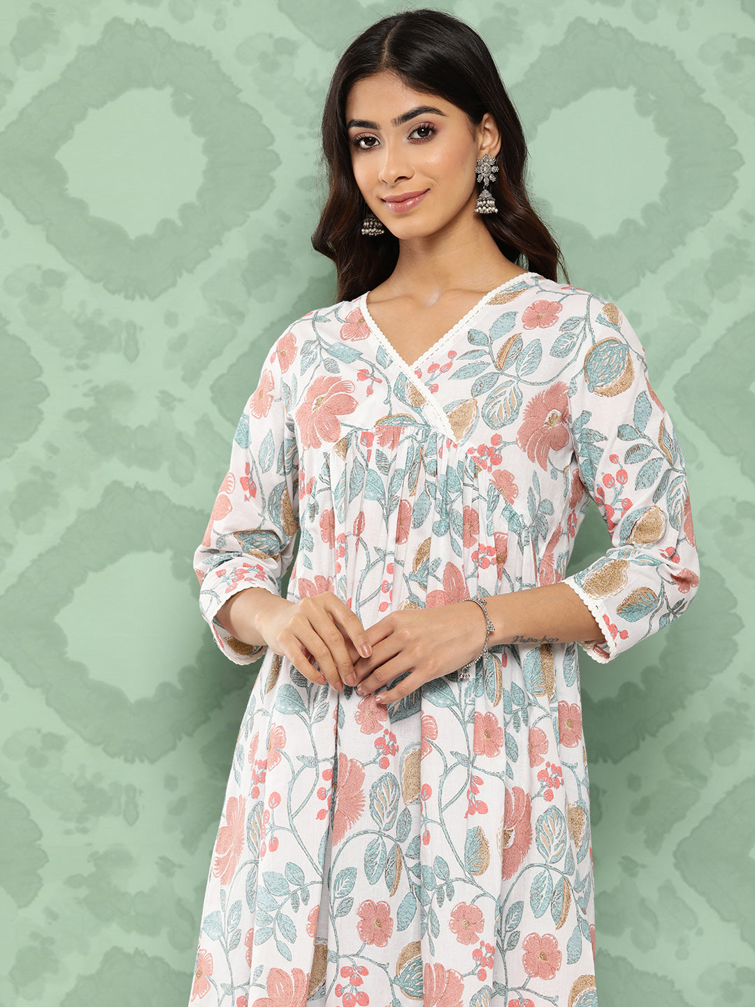 Janasya Women's White Cotton Botanical Print Casual Gathered Tunic