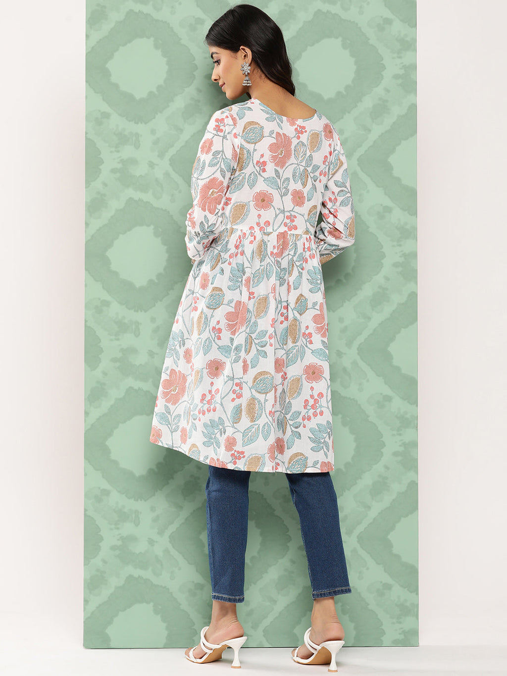 Janasya Women's White Cotton Botanical Print Casual Gathered Tunic