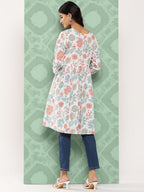Janasya Women's White Cotton Botanical Print Casual Gathered Tunic