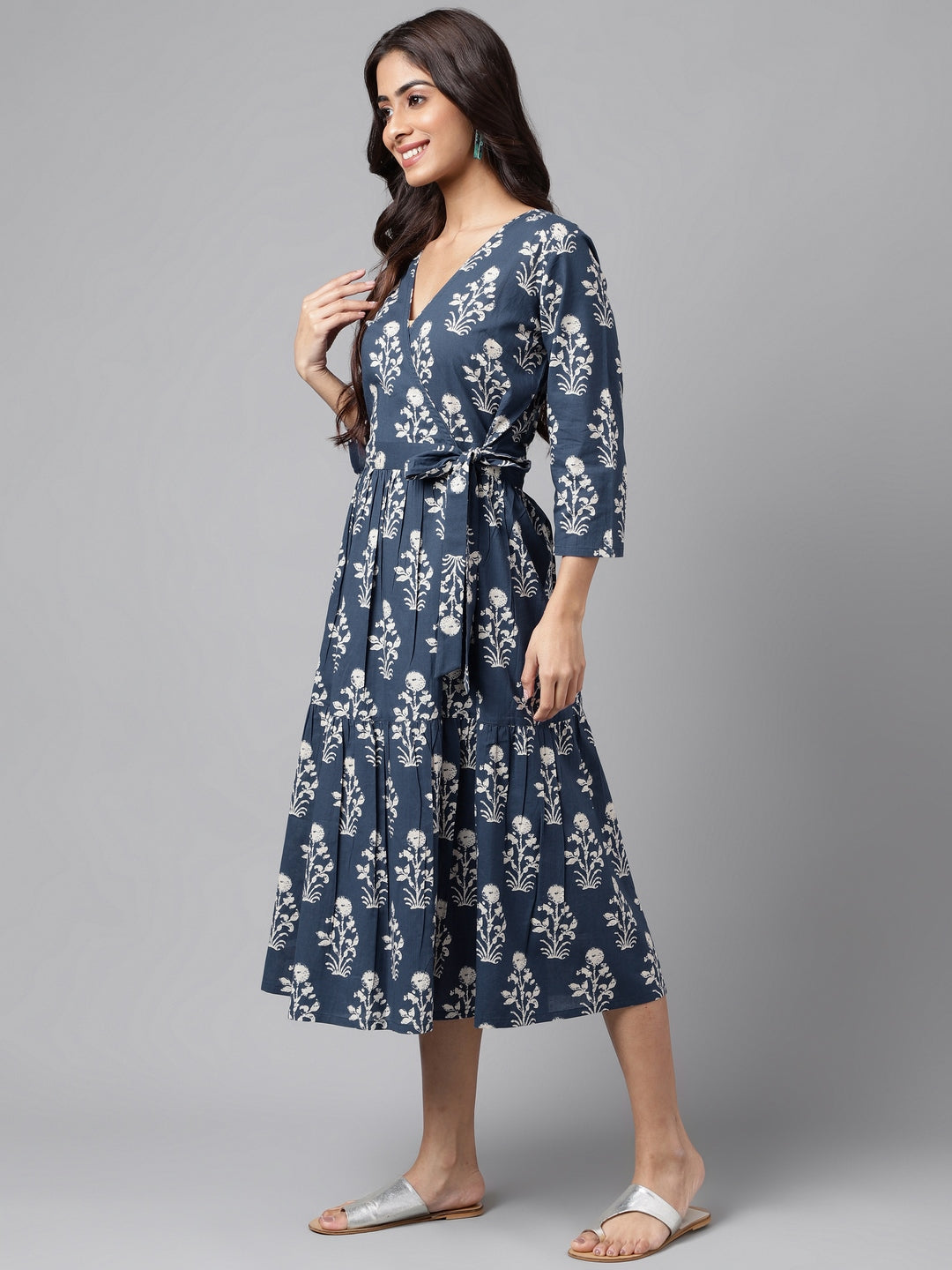 Janasya Women's Navy Blue Cotton Floral Printed Wrap Casual Dress - Distacart
