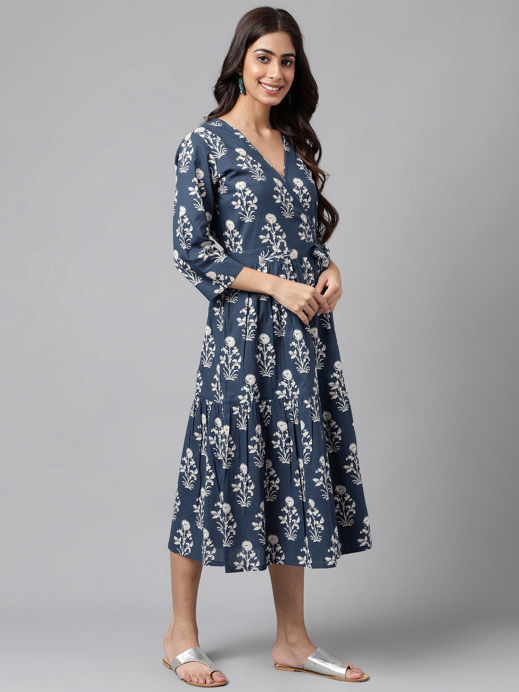 Janasya Women's Navy Blue Cotton Floral Printed Wrap Casual Dress - Distacart
