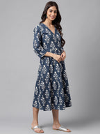 Janasya Women's Navy Blue Cotton Floral Printed Wrap Casual Dress - Distacart