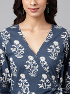 Janasya Women's Navy Blue Cotton Floral Printed Wrap Casual Dress - Distacart