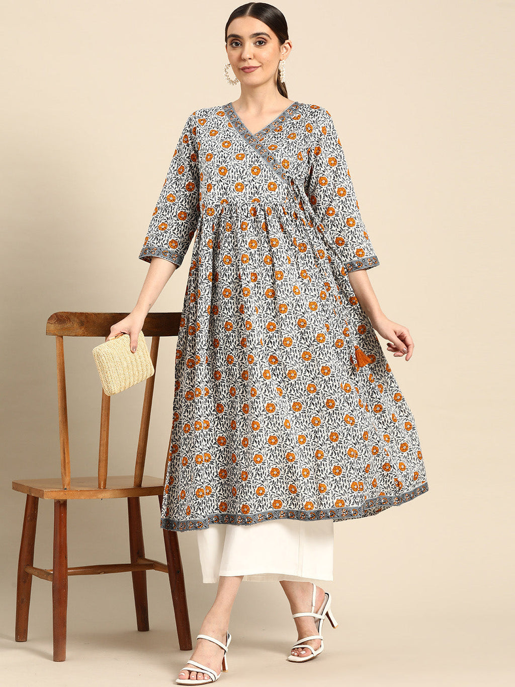 Janasya Women's White Cotton Floral Printed Casual Angrakha Kurta - Distacart