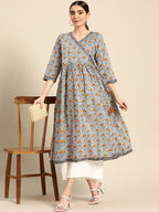 Janasya Women's White Cotton Floral Printed Casual Angrakha Kurta - Distacart