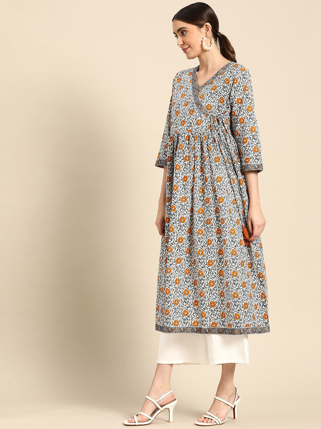 Janasya Women's White Cotton Floral Printed Casual Angrakha Kurta - Distacart