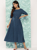 Janasya Women's Navy Blue Cotton Floral Printed A Line Casual Dress - Distacart
