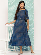 Janasya Women's Navy Blue Cotton Floral Printed A Line Casual Dress - Distacart