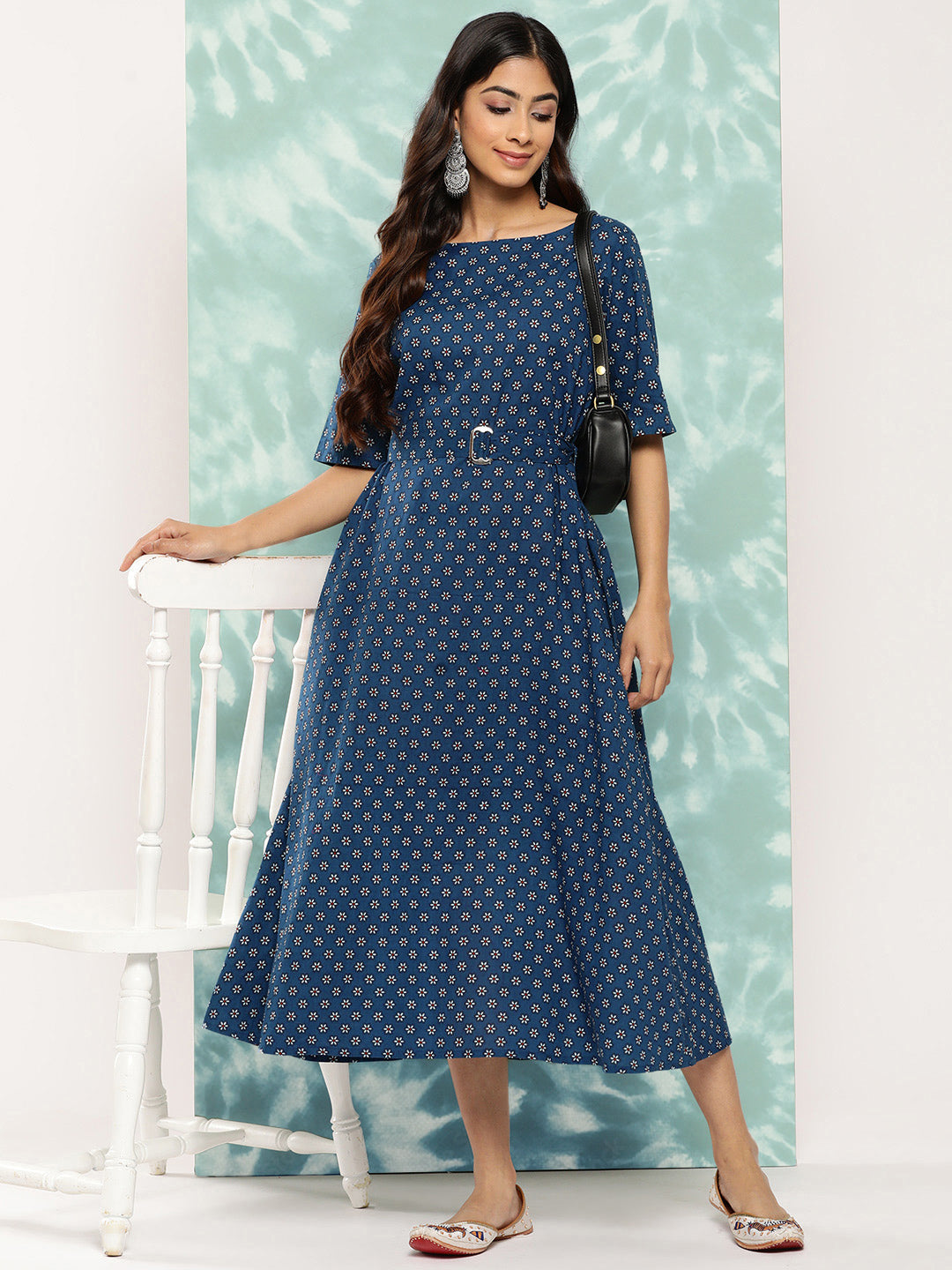 Janasya Women's Navy Blue Cotton Floral Printed A Line Casual Dress - Distacart