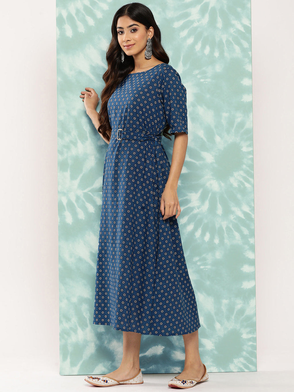 Janasya Women's Navy Blue Cotton Floral Printed A Line Casual Dress - Distacart