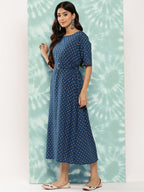Janasya Women's Navy Blue Cotton Floral Printed A Line Casual Dress - Distacart