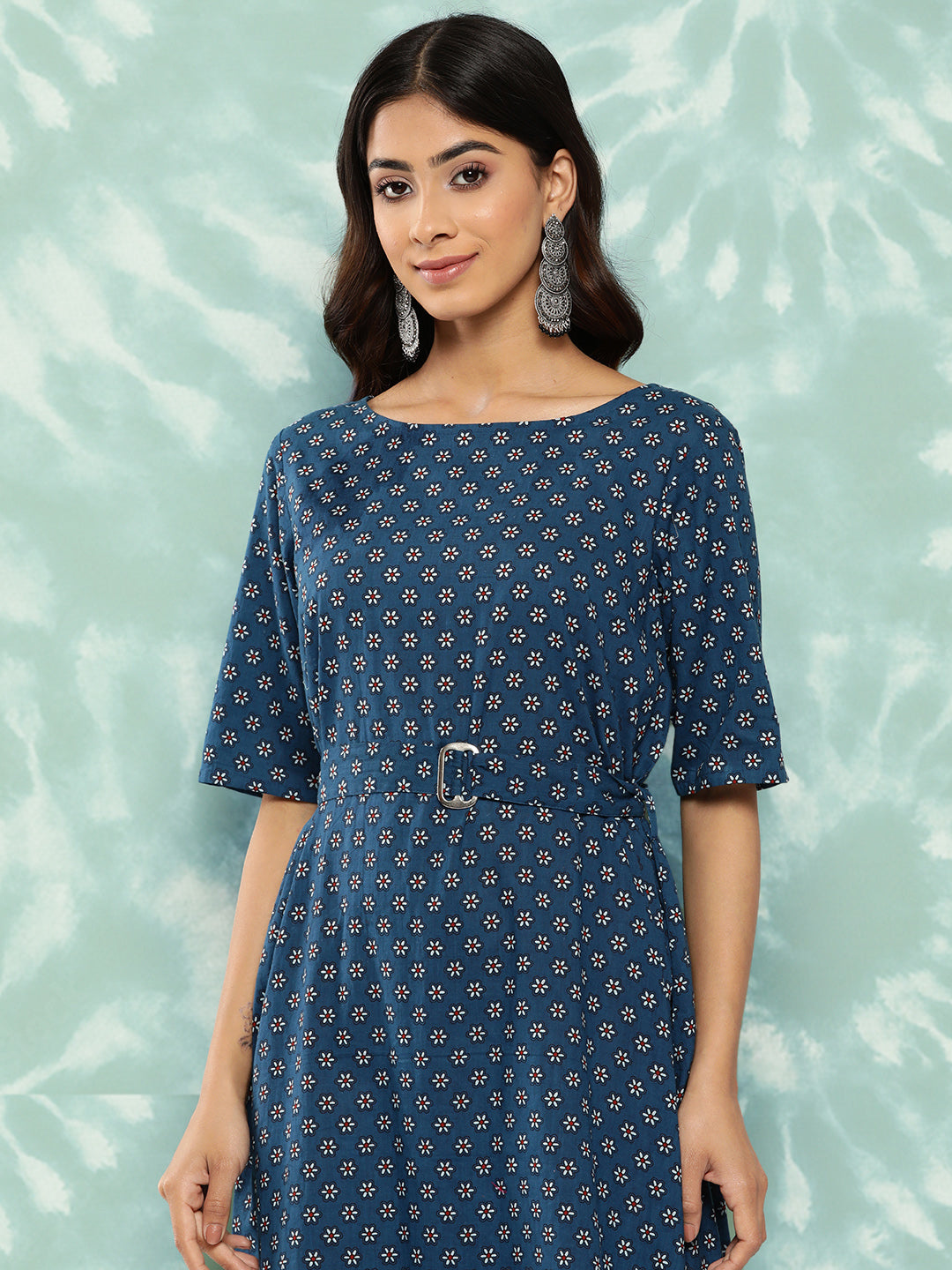 Janasya Women's Navy Blue Cotton Floral Printed A Line Casual Dress - Distacart
