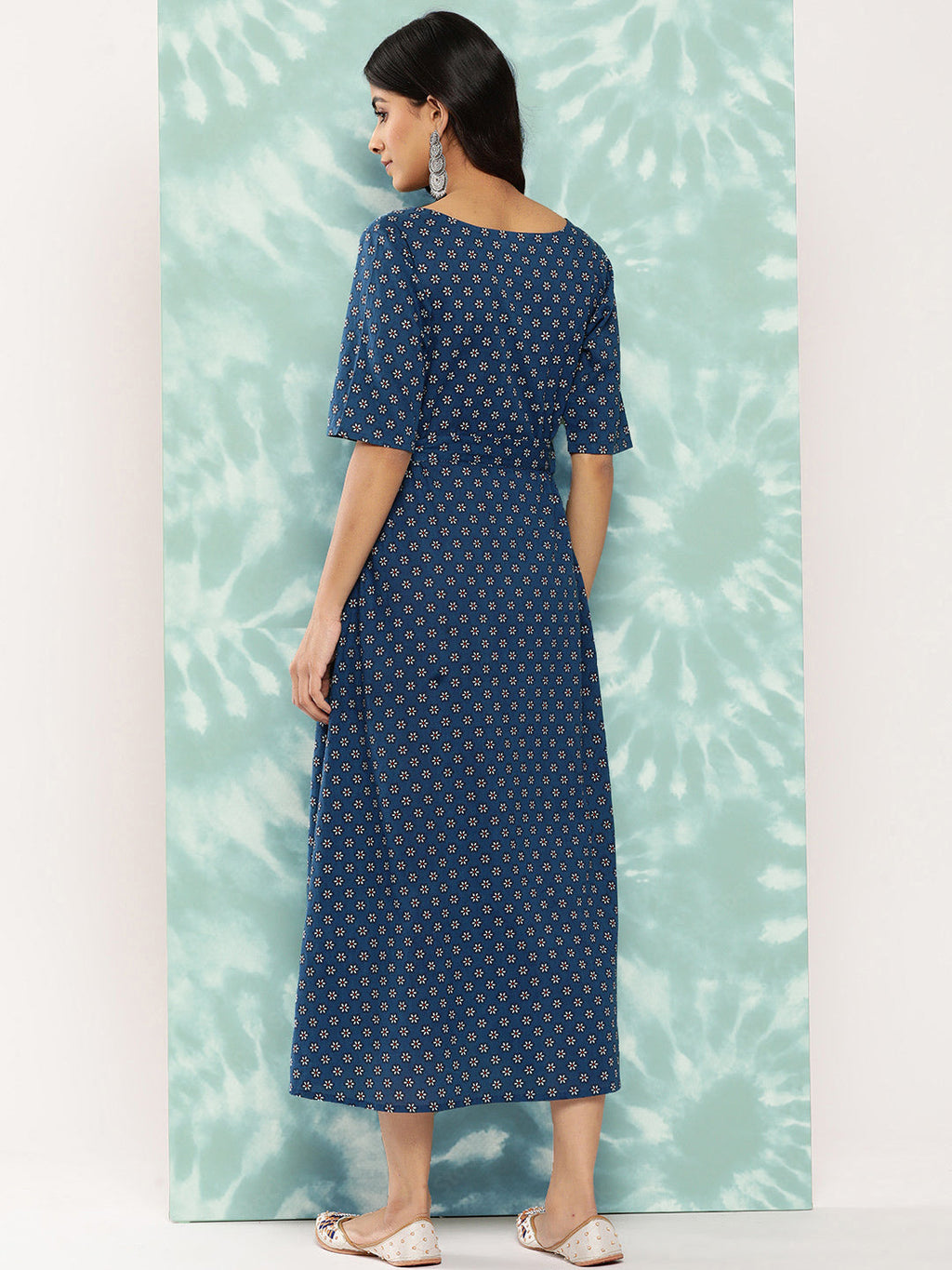Janasya Women's Navy Blue Cotton Floral Printed A Line Casual Dress - Distacart