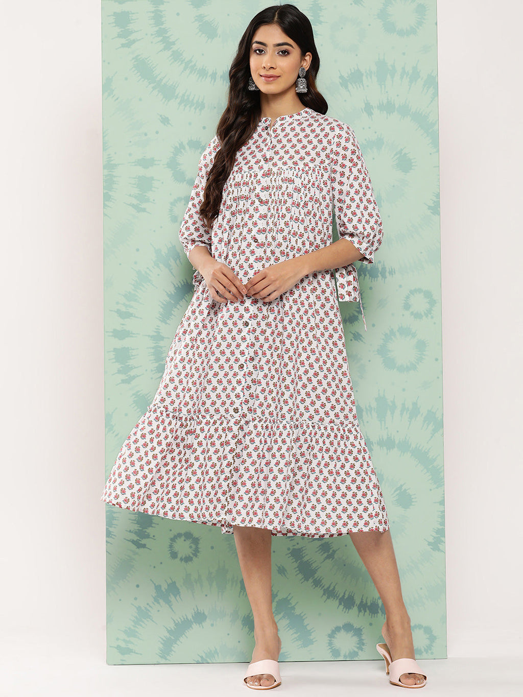 Janasya Women's White Cotton Floral Printed Gathered Casual Dress - Distacart