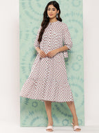 Janasya Women's White Cotton Floral Printed Gathered Casual Dress - Distacart