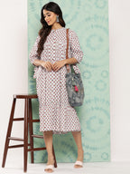 Janasya Women's White Cotton Floral Printed Gathered Casual Dress - Distacart