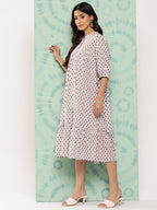Janasya Women's White Cotton Floral Printed Gathered Casual Dress - Distacart