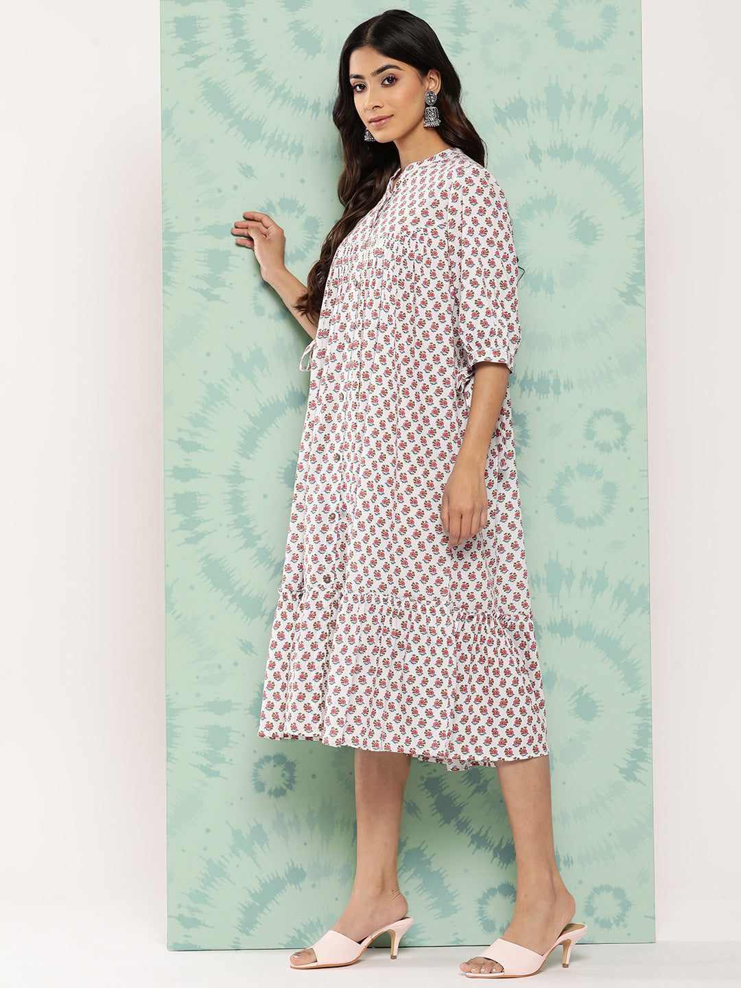 Janasya Women's White Cotton Floral Printed Gathered Casual Dress - Distacart