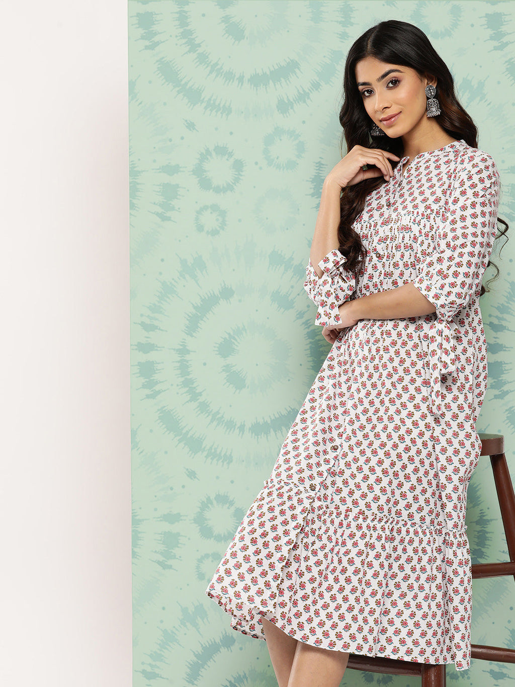 Janasya Women's White Cotton Floral Printed Gathered Casual Dress - Distacart