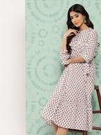 Janasya Women's White Cotton Floral Printed Gathered Casual Dress - Distacart