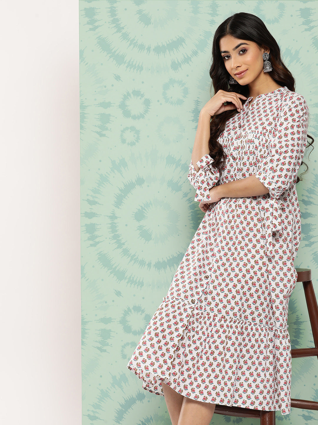 Janasya Women's White Cotton Floral Printed Gathered Casual Dress - Distacart