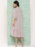 Janasya Women's White Cotton Floral Printed Gathered Casual Dress - Distacart