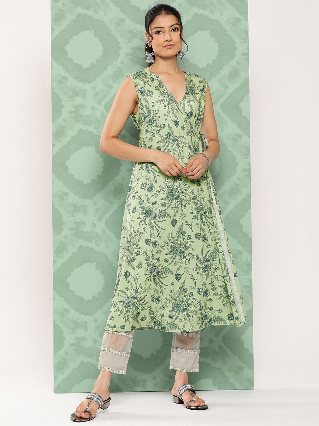 Janasya Women's Light Green Crepe Digital Printed Casual Angrakha Kurta