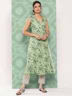 Janasya Women's Light Green Crepe Digital Printed Casual Angrakha Kurta
