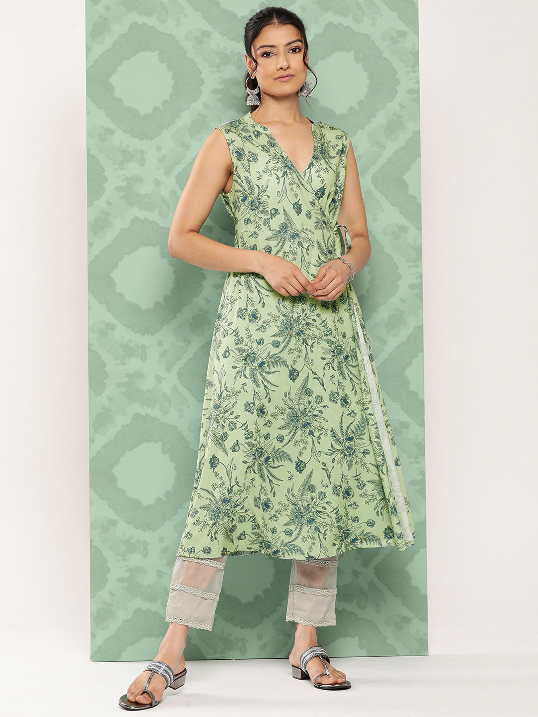 Janasya Women's Light Green Crepe Digital Printed Casual Angrakha Kurta