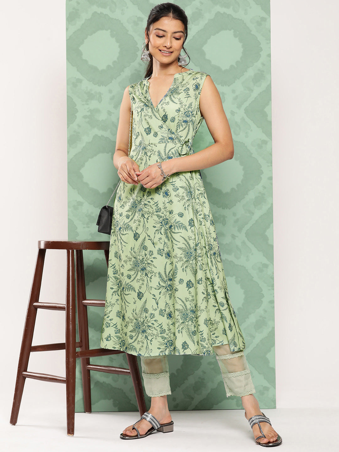 Janasya Women's Light Green Crepe Digital Printed Casual Angrakha Kurta