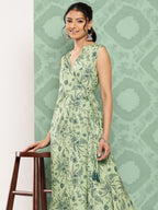 Janasya Women's Light Green Crepe Digital Printed Casual Angrakha Kurta