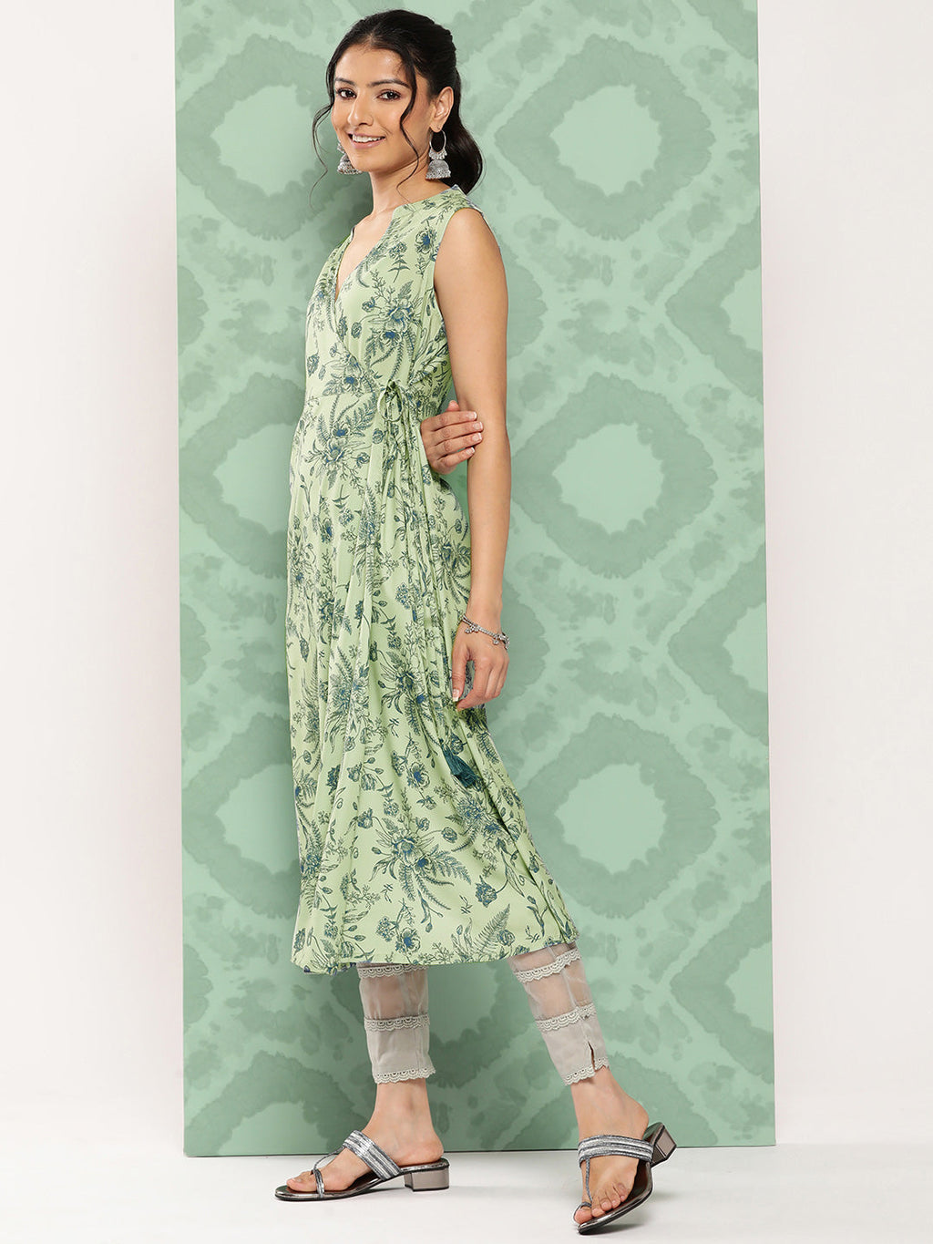 Janasya Women's Light Green Crepe Digital Printed Casual Angrakha Kurta